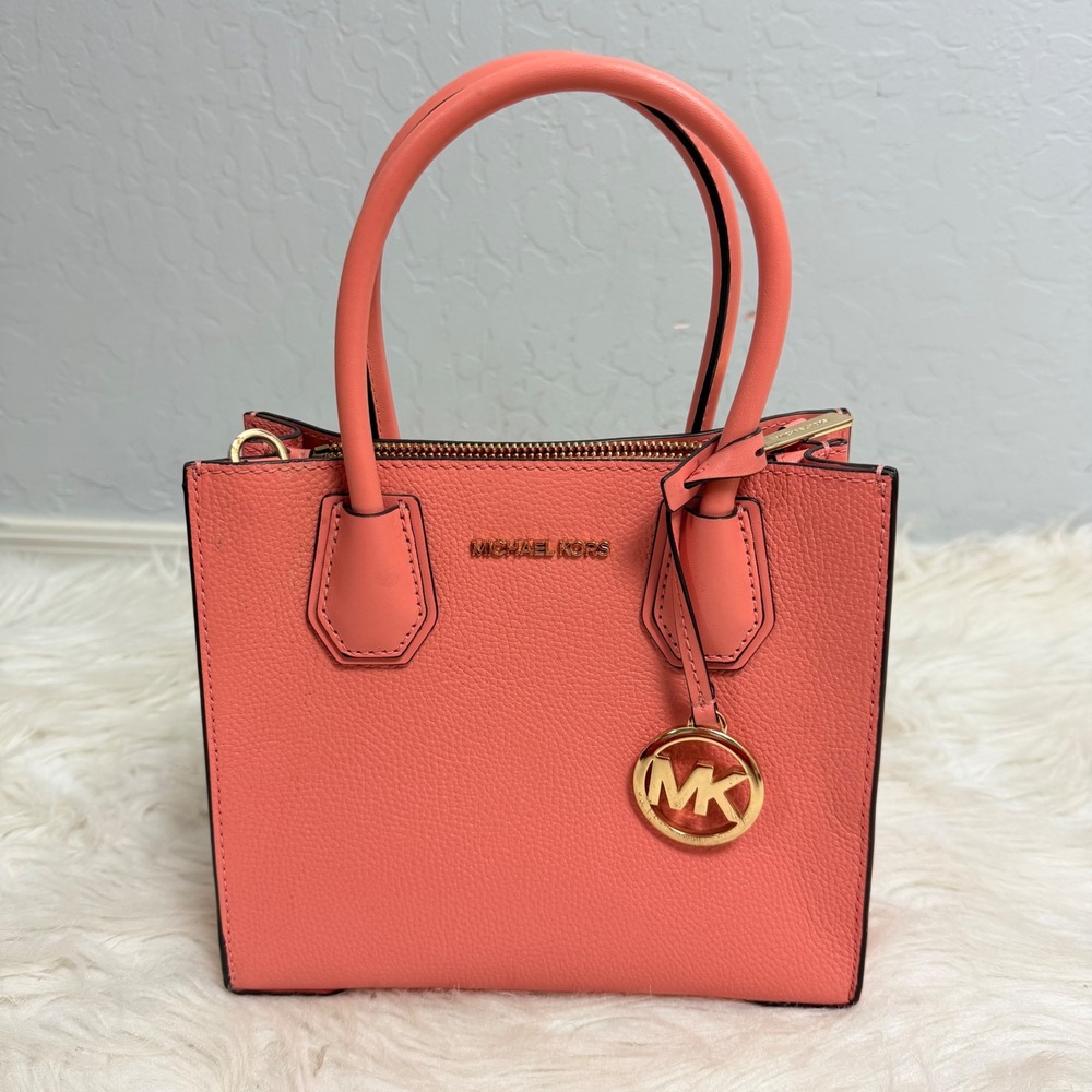 Michael Kors Mercer Small Pebbled Leather Messenger Bag Coral Pink Gold Hardware